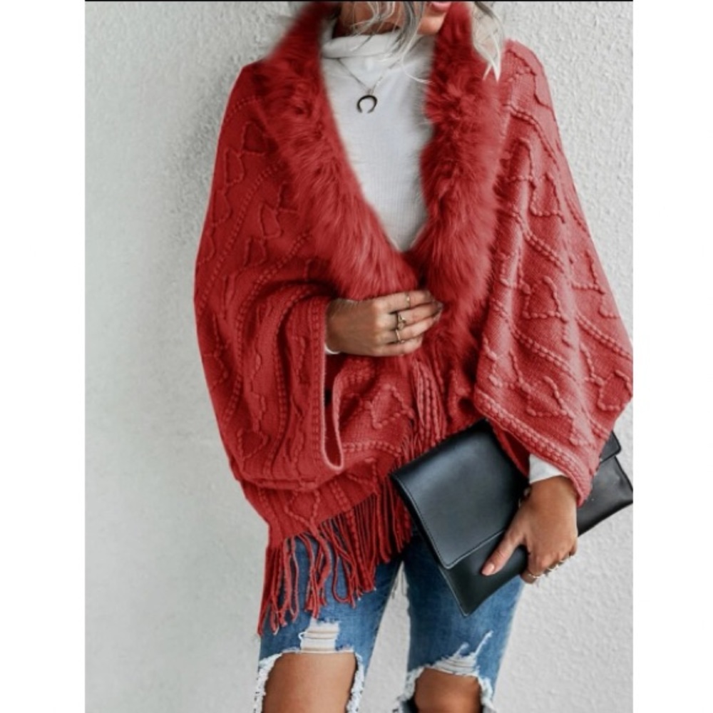 Boho vegan fur sweater cardigan open poncho - Picture 5 of 16